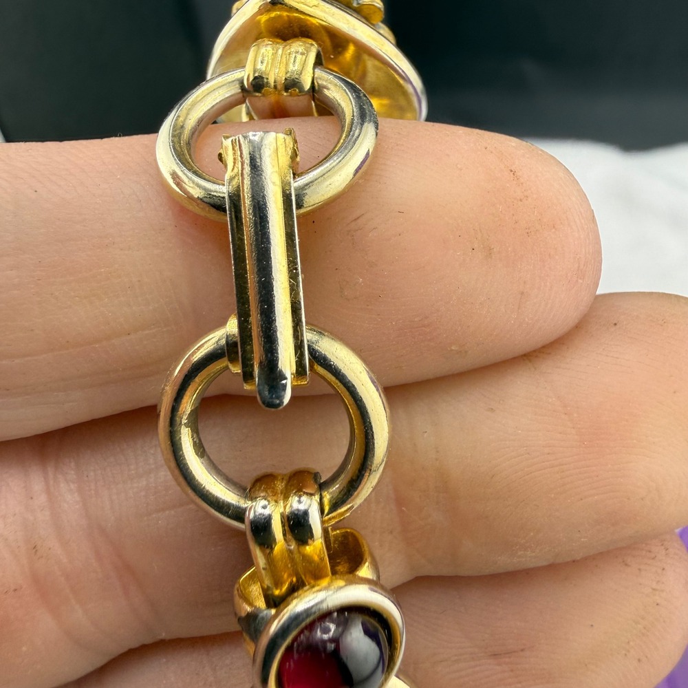 Vintage Heart Link Bracelet Gold Red Green 7.5in - Picture 8 of 9